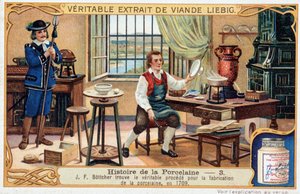 Porcelæns historie: Johann Friedrich Bottger (Bottcher eller Bottiger) (1682-1719) finder den sande metode til fremstilling af porcelæn i 1709 - Liebig-kromolitografi af Unknown artist