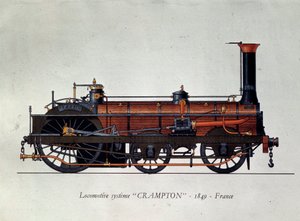 Transporthistorie: lokomotivmodel, Crampton-system opkaldt efter Thomas Russell Crampton (1816-1888), britisk ingeniør: han skabte et højhastighedslokomotiv. Stik fra 1849 Paris, Dekorativ kunst af Unknown artist