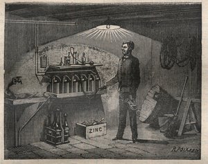Home Electricite: Installation af batteriet opfundet af Radiguet i en kælder - gravering i "La Science francaise" af Unknown artist