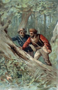 Honningjægere i Canada på udkig efter et sværmtræ. Kromolitografi i slutningen af det 19. århundrede. af Unknown artist