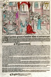 Hospital i 1500-tallet: Afladsbrev (Til højre: en hospitalsscene. Agauche: døende og død). Indgravering af det 16. århundrede. Privat samling. af Unknown artist