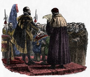 Hugh Capet aflægger suverænens ed - Hugues Capet (ca. 941-996) konge af frankerne, udtalte suverænens ed i 987 -1882 af Unknown artist