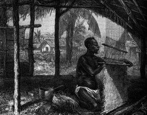 Human Zoo: væveren blødgjorde Gabon på verdensudstillingen i 1889. Indgravering i "" Le Journal de la jeunesse"" af Unknown artist