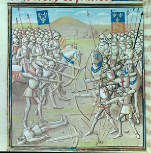 Hundredårskrig: Slaget ved Crecy den 26/08/1346 mellem franskmændene og englænderne. Miniature fra et manuskript fra det 14. århundrede Paris, Bibliotheque de l