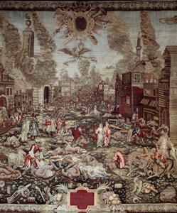 Ungarns erobring: "" Østrigerne tager Buda tilbage fra de osmanniske tyrkere den 02/09/1686"" Buda er en del af det nuværende Budapest. Krigsherrerne er Karl V af Lorraine og Miksa Emanuel II. Voldsscener, husbrande. Detalje af et gobelin. 17. e.kr af Unknown artist