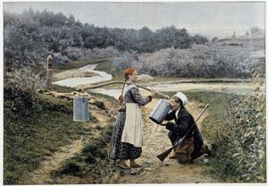 Jæger og pige ved springvandet (Rusland) - fotografering, slutningen af det 19. århundrede af Unknown artist