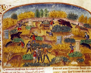 Jagtsceneminiature taget fra "" Book of Facts of Alexander the Great"" af Quintus Curtius Rufus (Quinte Curce) (1. århundrede), omkring 1468. (Ms 1335) Reims. Kommunebibliotek af Unknown artist