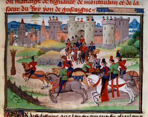 Jagtscene. Miniature fra manuskriptet "Renaud de Montauban" eller "Les quatre fils Aymon" af Loyset Liedet (aktivt mellem 1448 og 1478). Fru 5073. Bibliotheque de l
