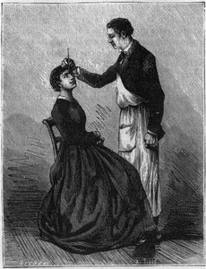 Hypnose fænomener: Hypnose produceret ved at fiksere en blyantholder steder mellem øjnene. Stik fra 1881. af Unknown artist