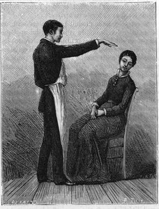 Hypnose fænomener: hypnose frembringes ved pludselig at række hånden frem foran patienten. Stik fra 1881. af Unknown artist