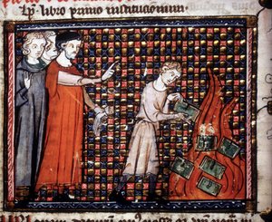 Ikonoklaster smider miniaturemanuskripter på ilden. 14. århundredes manuskript. af Unknown artist