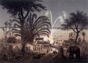 Belysning af floden under festivalen i Bassac, Siamese Laos. I "" Atlas over udforskningsrejsen i Indokina udført i årene 1866-1868"" udgivet under ledelse af F. Garnier 1873. af Unknown artist