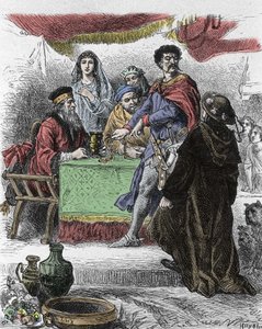 Illustration til "Ivanhoe" af Walter Scott (1771-1832), skotsk forfatter: Ivanhoe udfordres af den saksiske ridder Brian de Bois Guilbert. af Unknown artist