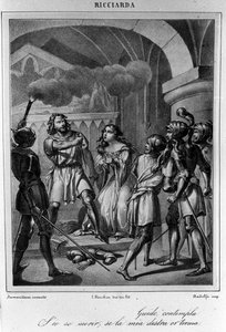 Illustration til sidste scene i akt V af "Ricciarda" af den italienske digter og dramatiker Ugo Foscolo (1778-1827) 1800-tallet af Unknown artist