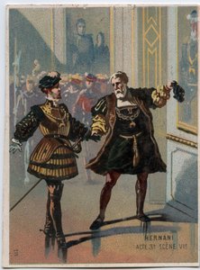 Illustration af "" Ernani" af den italienske komponist Giuseppe Verdi (1813 - 1901), akt 3, scene VI opera skabt i 1844 efter tragedien "" Hernani"" af Victor Hugo. Kromolitografi i slutningen af det 19. århundrede. af Unknown artist