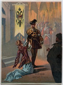 Illustration af "" Ernani" af den italienske komponist Giuseppe Verdi (1813 - 1901), akt 4, scene IV opera skabt i 1844 efter tragedien "" Hernani"" af Victor Hugo. Kromolitografi i slutningen af det 19. århundrede. af Unknown artist