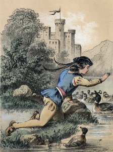 Illustration af Franz Hoffmanns fortællinger "" Tales et Fables - Les 3 princes"": En prins, der modtager en nøgle fra en and. Kromolitografi af det 19. århundrede. af Unknown artist