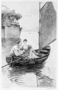 Illustration af "Red and Black" af Stendhal. 1830. Julien Sorel og Madame de Renal repræsenteret på en sejlbåd. Stik fra slutningen af 1800-tallet. af Unknown artist