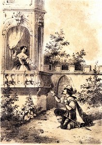 Illustration af sangen "Kongen fik trommeslag"": en mand, der erklærer sin kærlighed til en kvinde ved hans vindue. sd. af Unknown artist