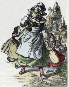Illustration af fortællingen "Gode mor får"". I “”Fortællinger fra hjemmet for de mindste””. Anonym gravering af det 19. århundrede. af Unknown artist