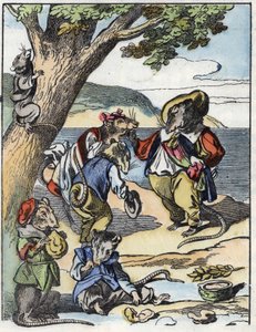 Illustration af fortællingen "Den frygtelige Raminagrobis og musene""" tegner fabler af Jean de la Fontaine. I “”Fortællinger fra hjemmet for de mindste””. Anonym gravering af det 19. århundrede. af Unknown artist
