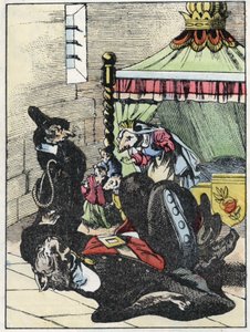 Illustration af fortællingen "Den frygtelige Raminagrobis og musene""" tegner fabler af Jean de la Fontaine. I “”Fortællinger fra hjemmet for de mindste””. Anonym gravering af det 19. århundrede. af Unknown artist