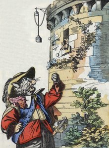Illustration af fortællingen "Den frygtelige Raminagrobis og musene""" tegner fabler af Jean de la Fontaine. I “”Fortællinger fra hjemmet for de mindste””. Anonym gravering af det 19. århundrede. af Unknown artist