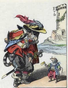 Illustration af fortællingen "Den frygtelige Raminagrobis og musene""" tegner fabler af Jean de la Fontaine. I “”Fortællinger fra hjemmet for de mindste””. Anonym gravering af det 19. århundrede. af Unknown artist