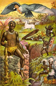 Illustration med imaginære monstre fra Afrika med titlen "" Afrikansk overtro illustreret"" (cyklops, enhjørning...), omkring 1889. af Unknown artist