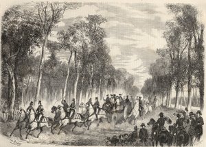 Kejserlig jagt i Compiegne i nærværelse af Napoleon III (1808-1873) og Imperatrice Eugenie (1826-1920). Stik i “Le Monde illustrious”” fra 1857. Privat samling. af Unknown artist