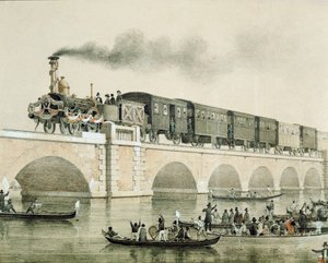 Indvielse af broen over lagunen i Venedig for at forbinde byen med kontinentet (litografi af Unknown artist