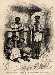 Indfødte folk i Magdalena (floderne), i gaderne i byen Mompox (Colombia). Gravering til illustration af rejsen til New Granada, af Dr. Saffray, i 1869, udgivet i "" Le tour du monde""" 1872, redigeret af Edouard Charton, udgave Hachette, af Unknown artist