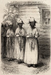 Indfødte kvinder i Guyana, ved den katolske procession af Fete Dieu. Gravering til illustration af rejsen i Fransk Guyana i 1862-1863 af Frederic Bouyer, kaptajn på fregat, i "" Le tour du monde, nouveau journal des voyages", udgivet under dir. af Unknown artist