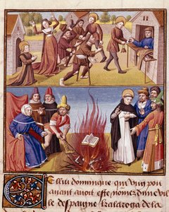 Inkvisitionen "" Autodafe præsiderer af Saint Dominique de Guzman (1170-1221), grundlæggeren af Dominikanerordenen, bevis for ilden fra den kætterske bog og den ortodokse bog"" Miniature i "" Le miroir historial"" (Speculum Historiale) ( ms. 1196, fol. 372 af Unknown artist