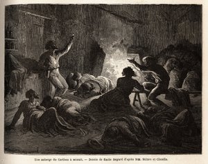 Inde i en Caribou Inn (Canada), ved midnat, synger berusede fangere og minearbejdere, og falder så til jorden eller falder i søvn i et tæppe. Gravering til illustration af rejsen fra Atlanterhavet til Stillehavet (route du nord ouest par les terres), i 186 af Unknown artist