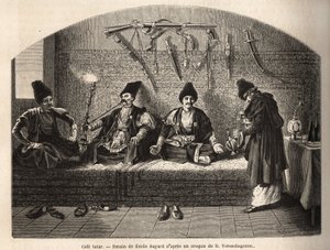 Inde i en tatarisk cafe i Schoucha (Transkaukasien, Rusland), hvor mænd mødes for at drikke te og ryge vandpibe. Indgravering til illustration af rejsen i Kaukasus-provinserne, af Basile Vereschaguine, i 1864-1865, udgivet i "" le tour du monde"", under af Unknown artist