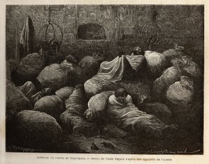 Inde i en rancho i Maynapata (Nedre Peru), overrasket af en snestorm, søger rejsende tilflugt i et mudderhytte og hviler sig og varmer sig midt i kartoffel- og majsposer. Gravering til illustration af rejsen i Quinquinas dale (Peru), af Pa af Unknown artist