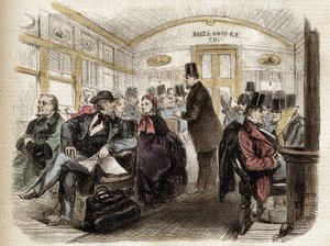 Interiør af en vogn på Baltimore & Ohio Railroad, USA - 1861 - interiør af en amerikansk vogn i 1860 af Unknown artist