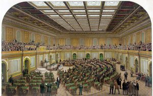 Indvendigt billede af Repræsentanternes Hus i US Capitol, der viser Kongressen i møde og tilskuerne i galleriet - Gravering 1866. af Unknown artist
