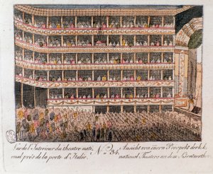 Indvendig udsigt af Nationalteatret nær den italienske port i Wien, Østrig. (Indvendigt billede af Nationalteatret, Wien, Østrig) graveringen af 1815 privatsamling af Unknown artist