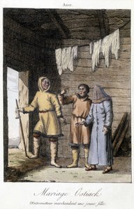 Mellemmand prutter en ung pige til et bryllup Ostiak (Khanty eller Khante) (palæosibirisk jægerstamme etableret i skovområdet i den midterste Ob-dal). af Unknown artist