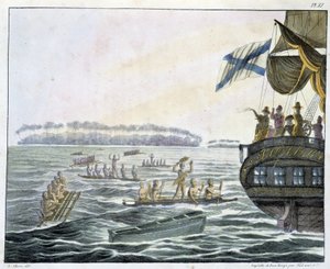 Interview med indbyggerne på Penrhyn-øerne i "" Views and Landscapes of the Equinox Regions, Collected in a travel around the world"", sd. begyndelsen af det 19. århundrede af Unknown artist