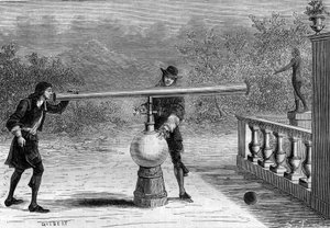 Opfindelse: Sarbacan eller pneumatisk pistol af Otto von Guericke (Otto de Guericke) (1602-1686), tysk opfinder. Indgravering i "La Nature" af Unknown artist
