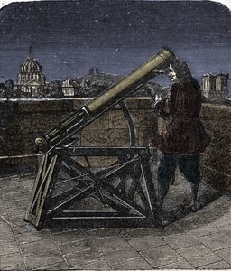 Isaac Newton (1642-1727) engelsk fysiker, der bruger sit teleskop. af Unknown artist