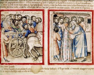 Jakobs afgange til Egypten og hans genforening med sin søn Joseph Miniature fra codex 212 (eller padovano codice eller Bible of Padua) 1390-1400 Rovigo, Accademia dei Concordi af Unknown artist