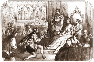 Jean Nicot præsenterer tobaksplanten til Catherine de Medicis (Caterina de Medici) og Grand Prior for House of Lorraine. 1500-tallets litografi omkring 1868. af Unknown artist