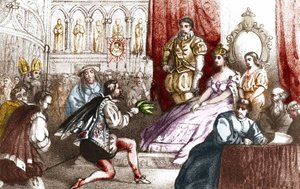 Jean Nicot præsenterer tobaksplanten til Catherine de Medicis (Caterina de medici) og til Grand Prior i House of Lorraine. 16. århundrede. Indgravering af det 19. århundrede af Unknown artist