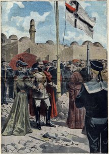 Jerusalem - Allehelgen 1898: Vilhelm II (1859-1941), kejser af Tyskland og konge af Preussen, tager besiddelse af "dormitionens land", nær Cenacle, for sine katolske undersåtter, før Monsignor Luigi Piavi, patriark af Jerusalem . Illustration i af Unknown artist