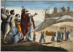 Joshua før byen Jeriko (den første by indtaget af Joshua og jøderne under erobringen af det forjættede land). Væggene smuldrer til lyden af trompeterne. Anonym gravering af det 19. århundrede. af Unknown artist