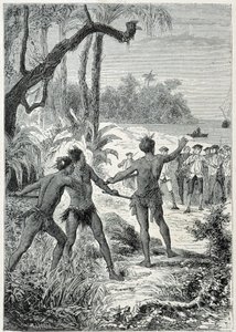 Kaptajn James Cooks (1728-1779) rejse til New Guinee: det første møde med de indfødte, illustration taget fra "The Great Mariners of the 18th century"" af Unknown artist
